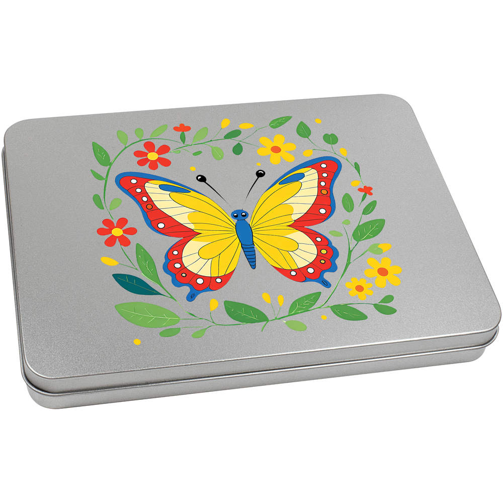 'Butterfly & Flowers' Metal Hinged Storage Tin - 220mm x 160mm - Keepsake Box for Stationery, Crafts, Sweets and Small Gifts (TT00311979)