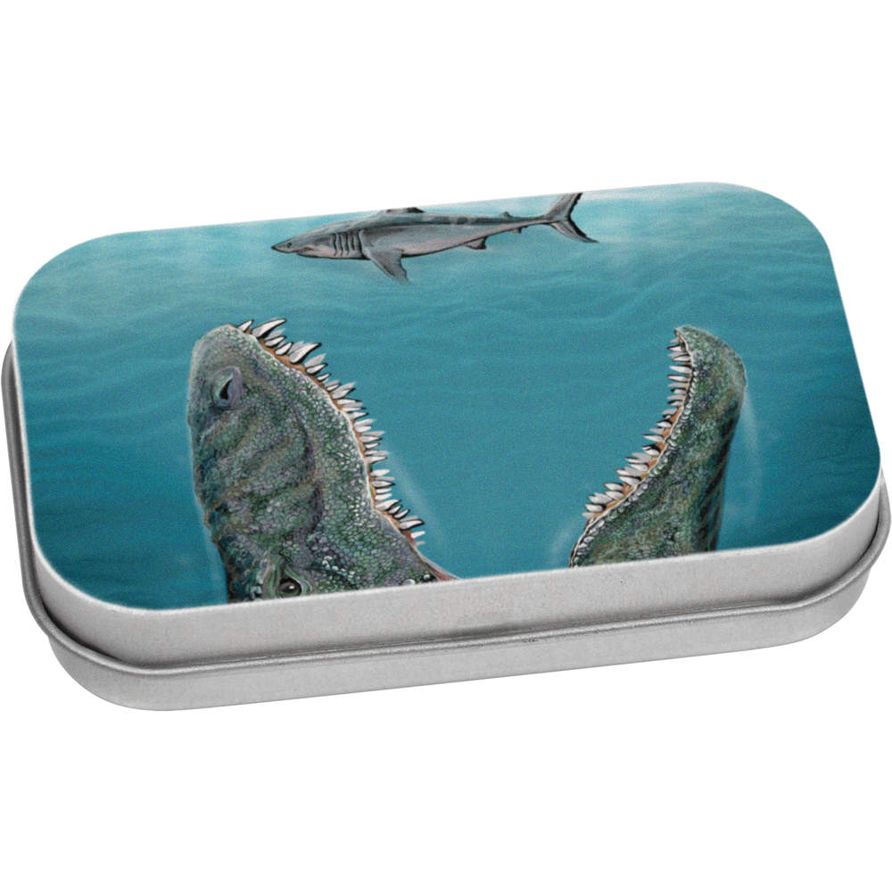 'Mosasaurus Dinosaur & Shark' Metal Hinged Tin / Storage Box (TT041556)