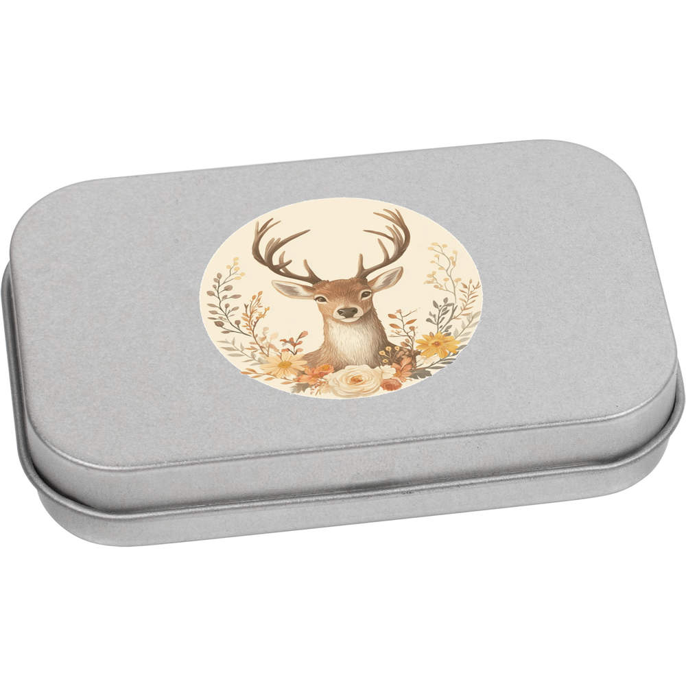 'Deer Stag with Flowers' Storage / Stationery Tin - Metal Hinged Keepsake Box for Stationery, Crafts, Sweets and Gifts (TT049841)