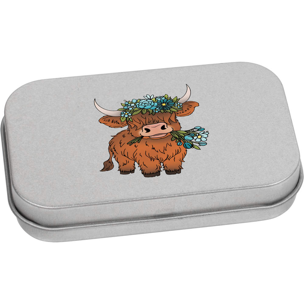 'Highland Cow With Flowers' Metal Hinged Storage Tin - 80mm x 50mm - Keepsake Box for Stationery, Crafts, Sweets and Small Gifts (TT00258278)