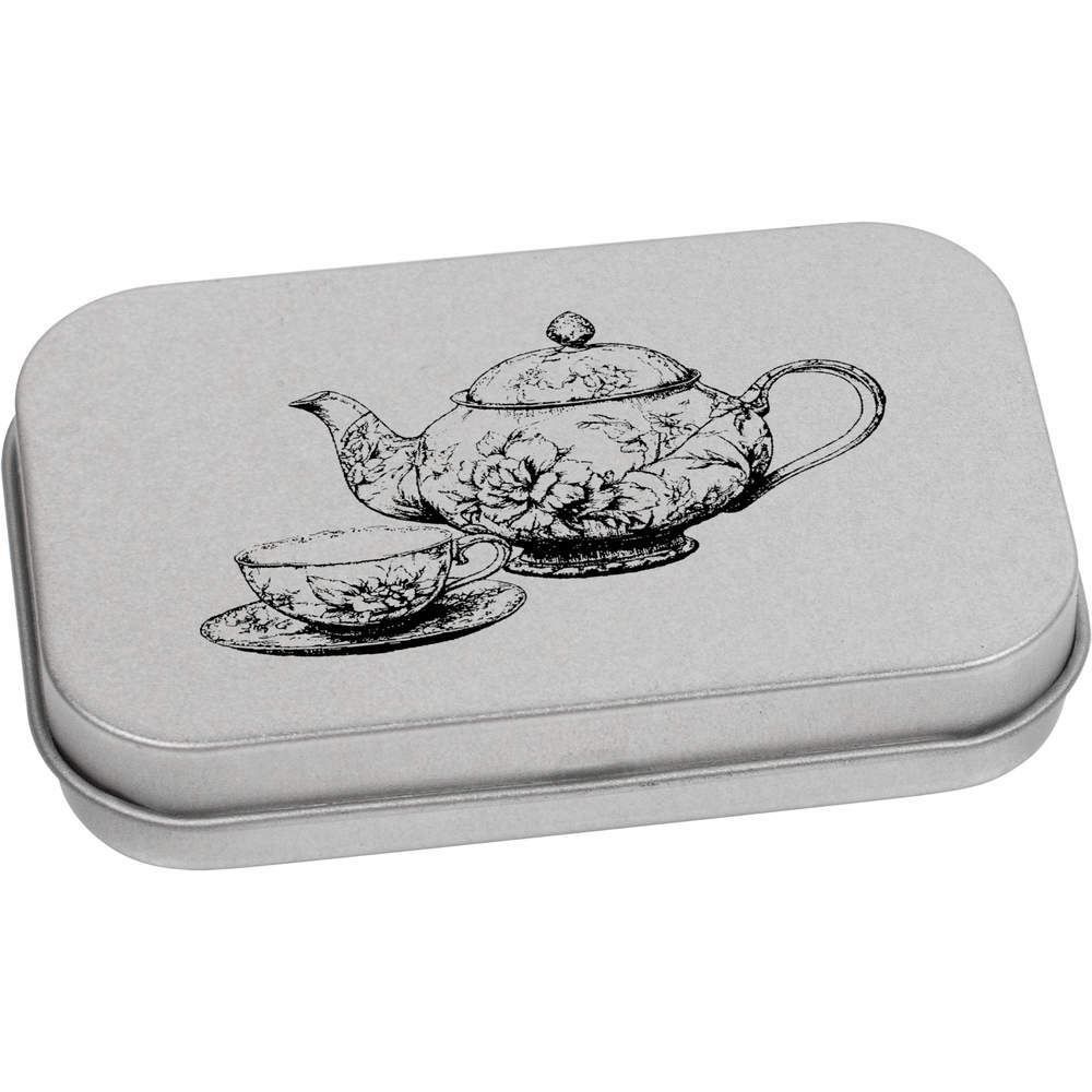 'Vintage Teapot and Cup' Storage / Stationery Tin - Metal Hinged Keepsake Box for Stationery, Crafts, Sweets and Gifts (TT051558)