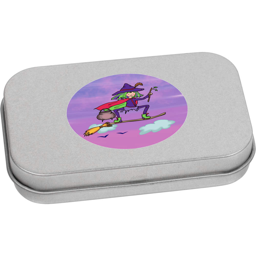 'Witch Riding Broomstick' Metal Hinged Tin / Storage Box (TT051977)