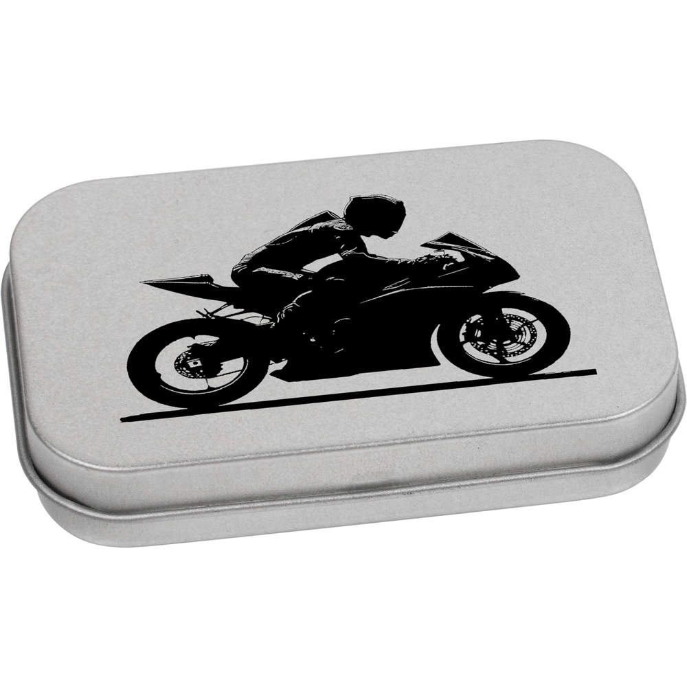 'Man on Sport Motorcycle' Metal Hinged Storage Tin - 80mm x 50mm - Keepsake Box for Stationery, Crafts, Sweets and Small Gifts (TT00272663)