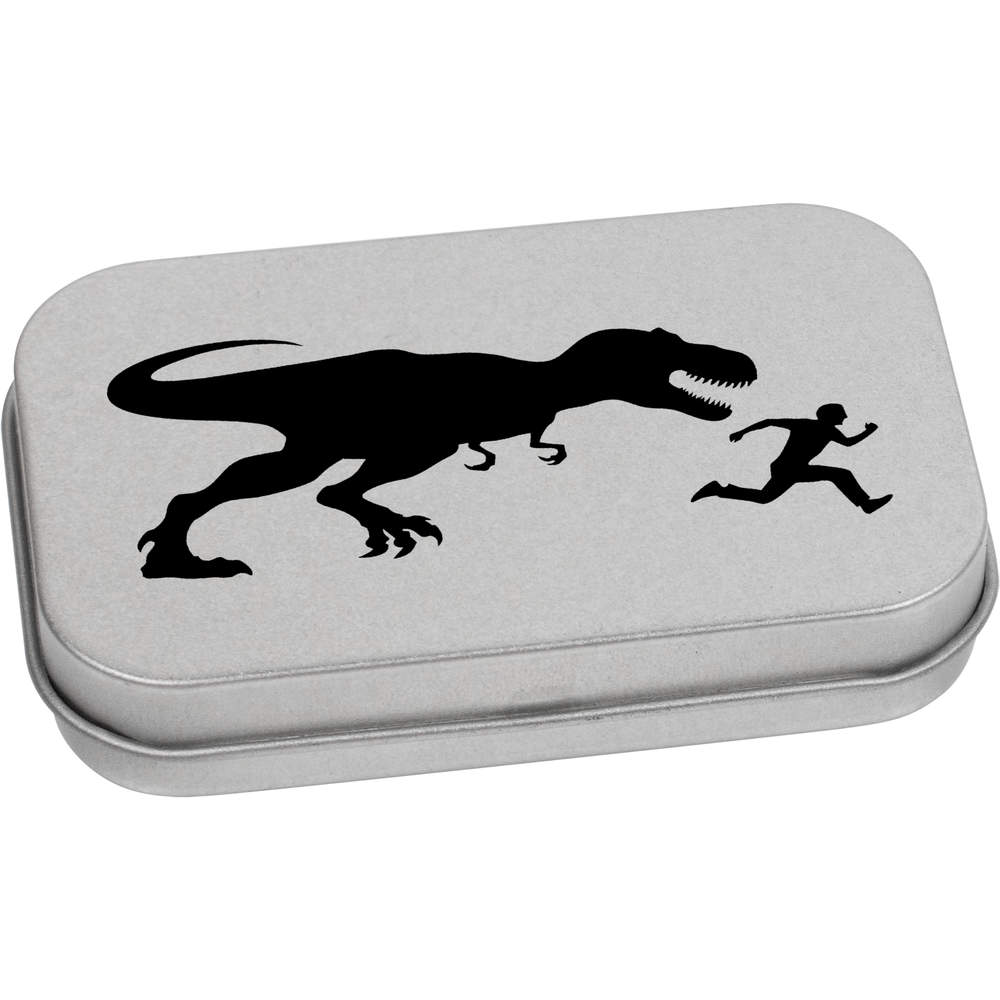 'T Rex Chasing Running Man' Metal Hinged Tin / Storage Box (TT057410)