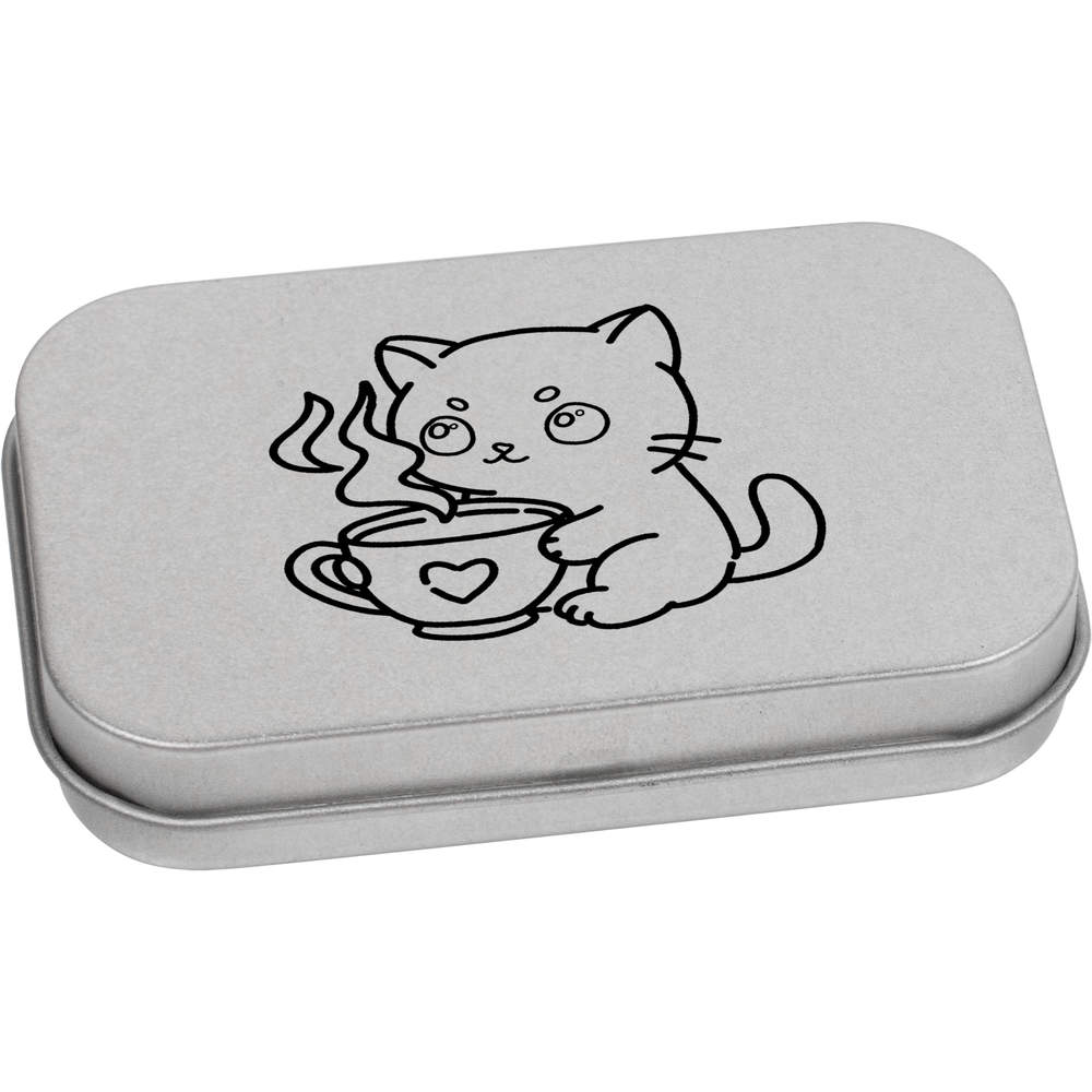 'Cute Kawaii Style Kitten With Warm Drink' Metal Hinged Tin / Storage Box (TT057432)