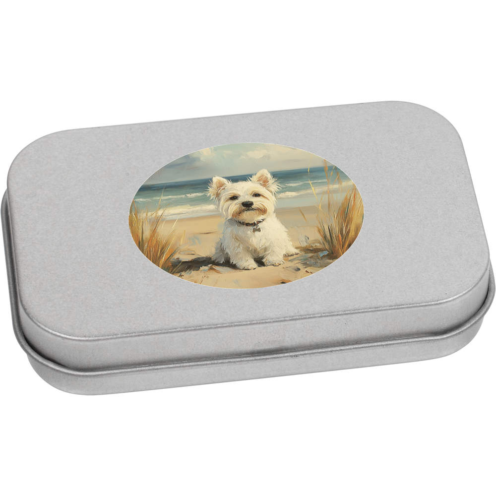 'Westie Dog on Beach' Storage / Stationery Tin - Metal Hinged Keepsake Box for Stationery, Crafts, Sweets and Gifts (TT063224)