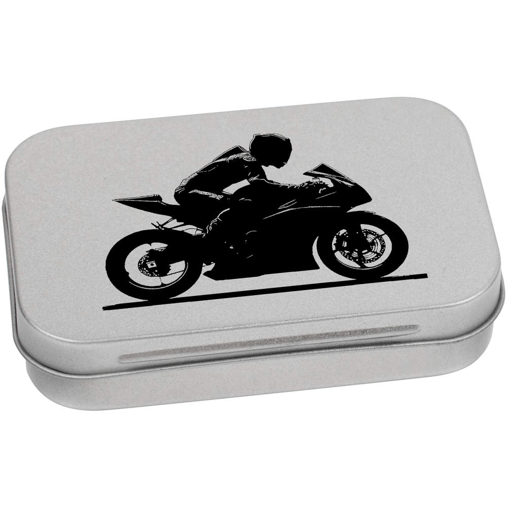 'Man on Sport Motorcycle' Metal Hinged Storage Tin - 95mm x 60mm - Keepsake Box for Stationery, Crafts, Sweets and Small Gifts (TT00272664)