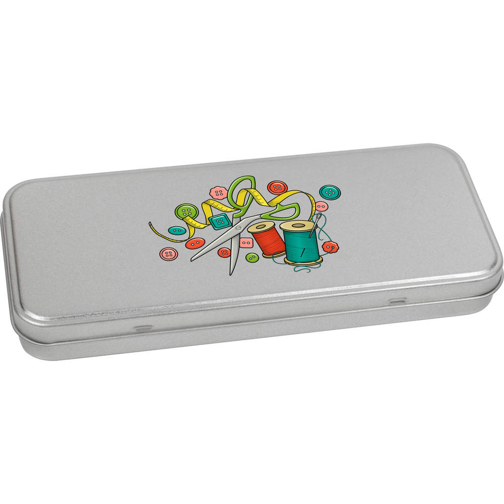 'Sewing Tools' Metal Hinged Stationery Tin / Storage Box (TT00108380)