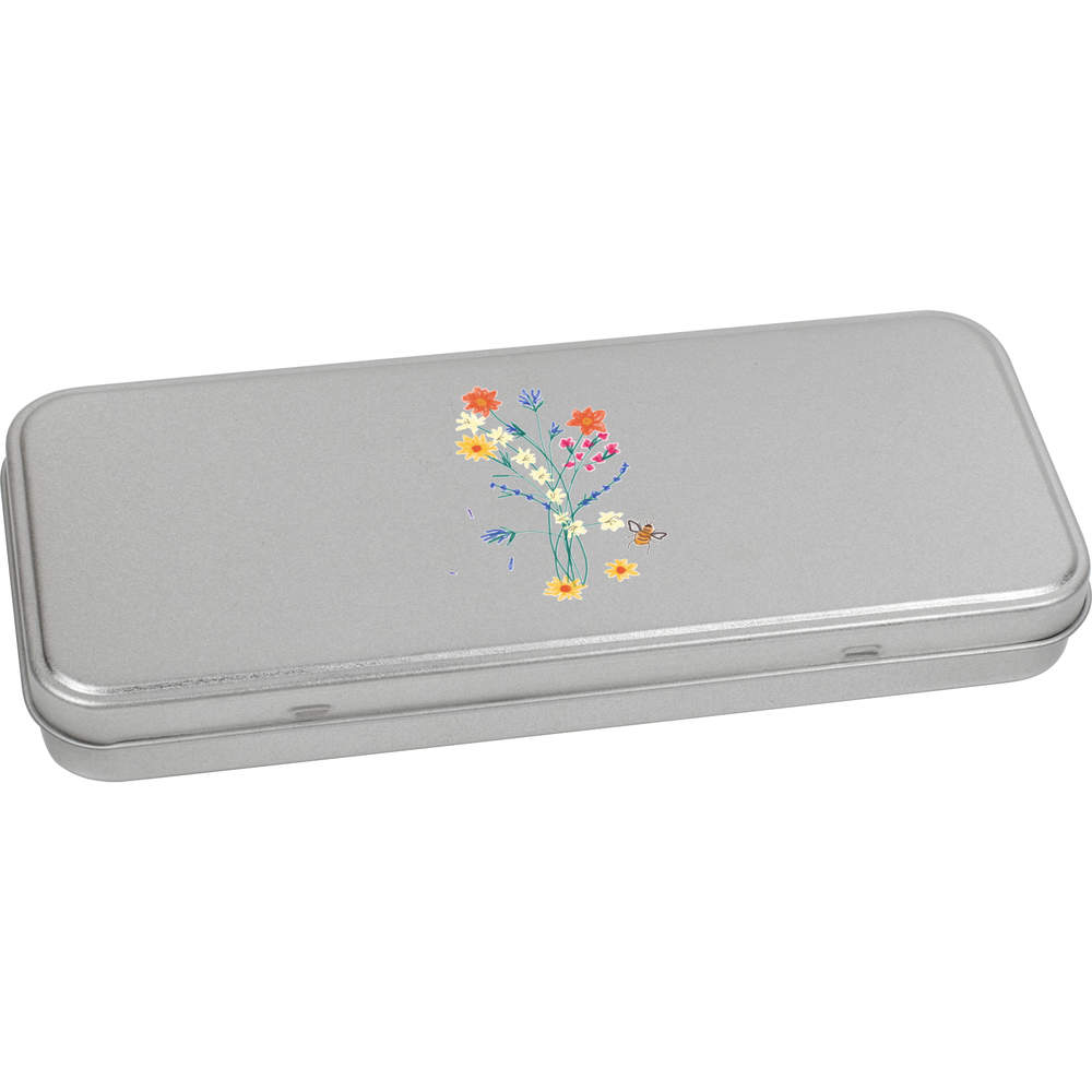 'Wild Flowers And A Bee' Metal Hinged Stationery Tin - 180mm x 75mm - Storage Box for Pens, Pencils, Crafts and Gifts (TT00245584)