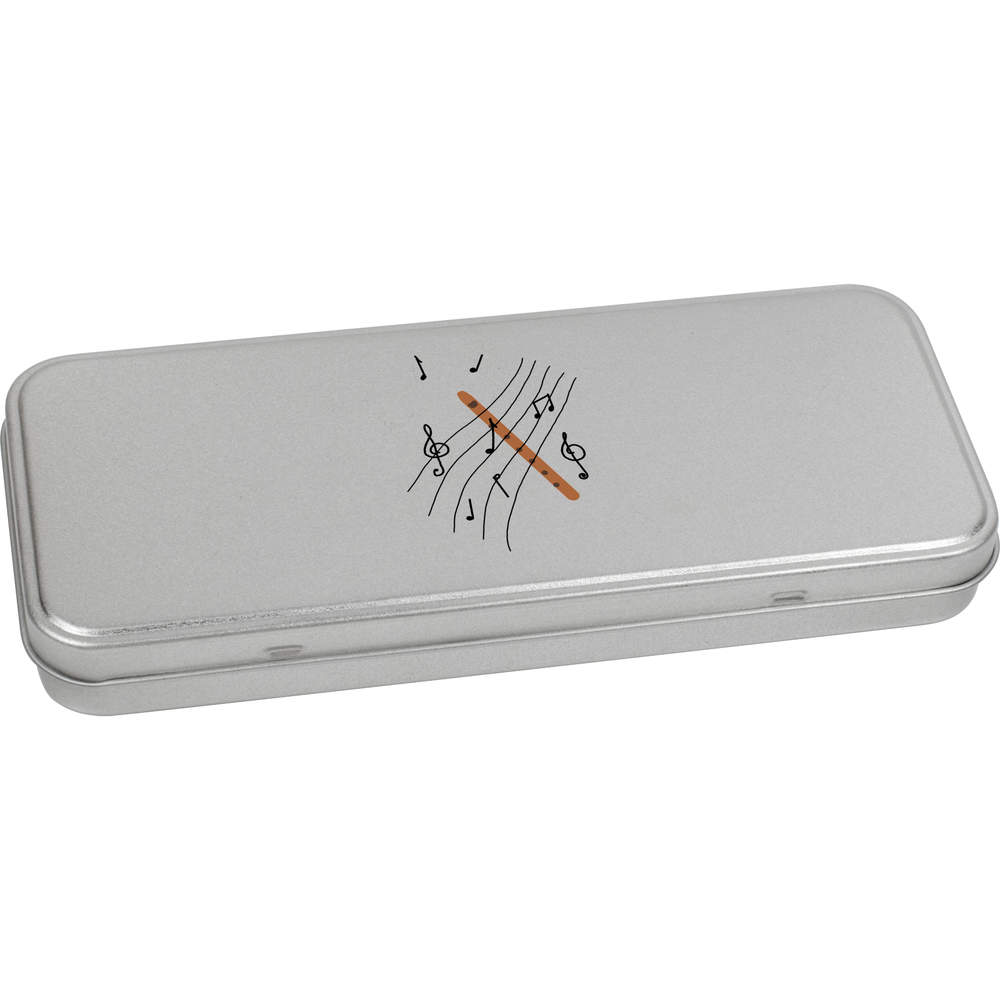 'Sheet Music With A Flute' Metal Hinged Stationery Tin - 180mm x 75mm - Storage Box for Pens, Pencils, Crafts and Gifts (TT00265123)