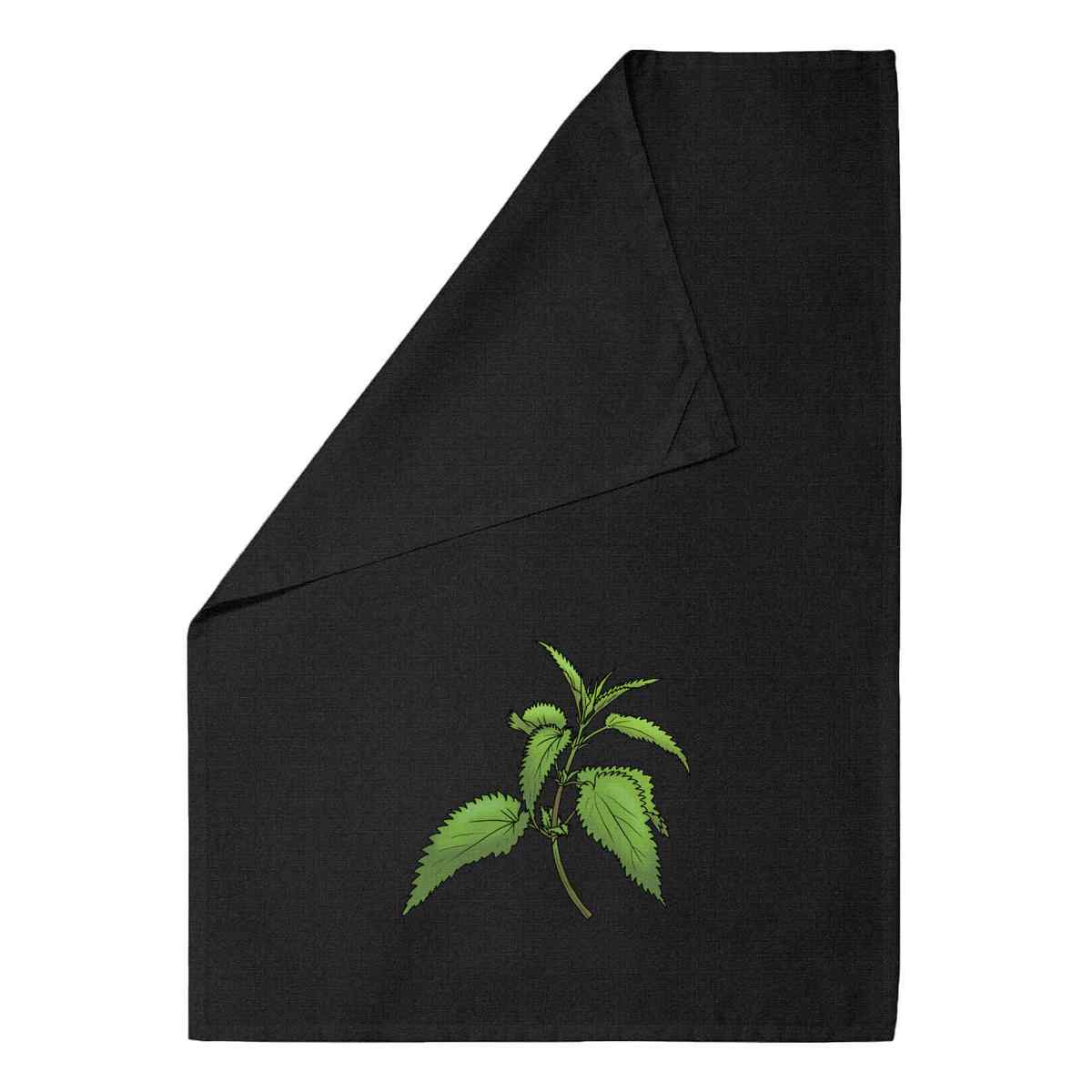 'Nettle Sprig' Black Cotton Tea Towel / Dish Cloth (TW00051888)