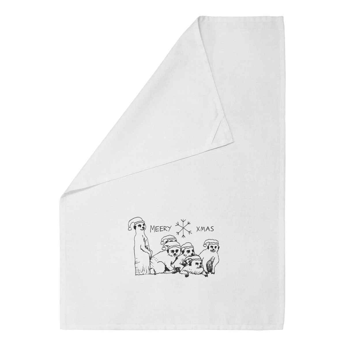 'Merry Christmas Meerkats' White Cotton Tea Towel / Dish Cloth (TW00007309)