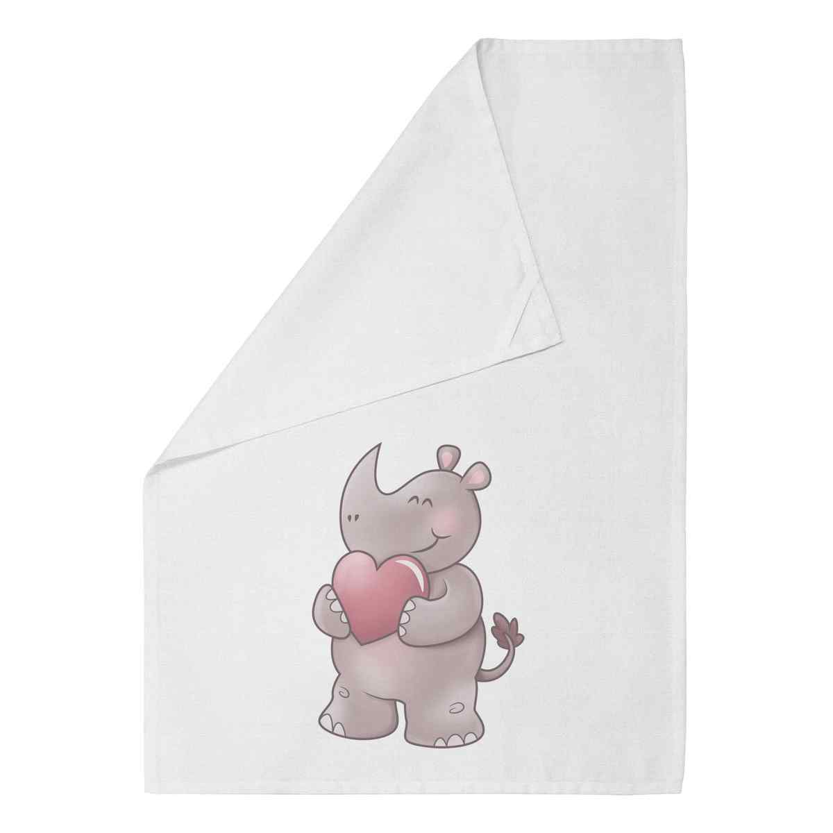 'Love Rhino' White Cotton Tea Towel / Dish Cloth (TW00010224)