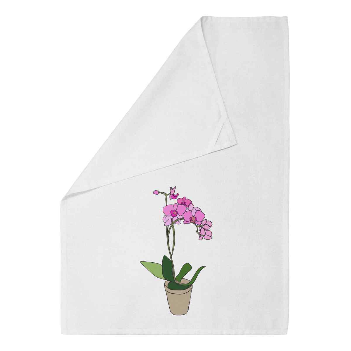 'Potted Orchid' White Cotton Tea Towel / Dish Cloth (TW00013528)