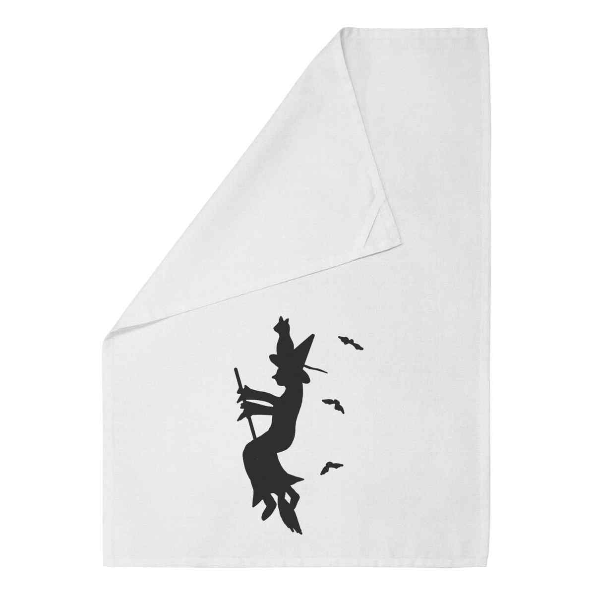 'Halloween Witch And Her Cat' White Cotton Tea Towel / Dish Cloth (TW00059411)
