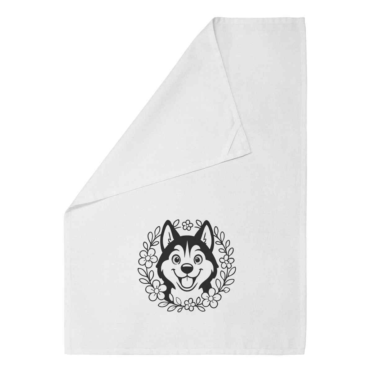 'Husky Floral Wreath' Cotton Tea Towel / Dish Cloth (TW058115)