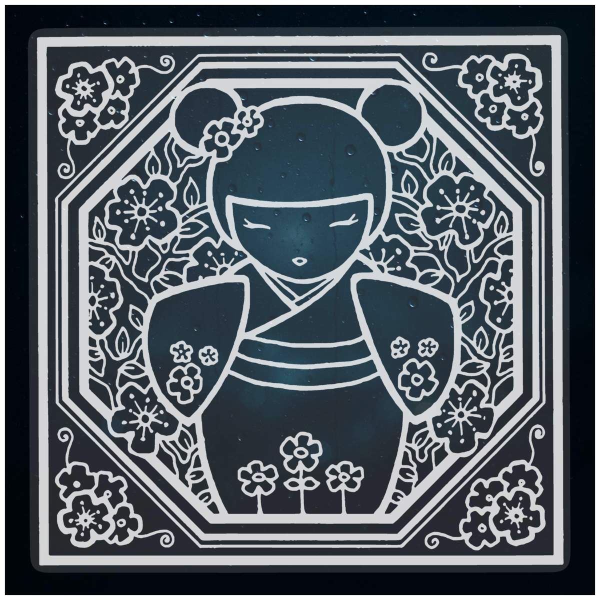 Large 460mm 'Japanese Doll Motif' Clear Static Window Cling Sticker / Decal (White) (WC00011403)