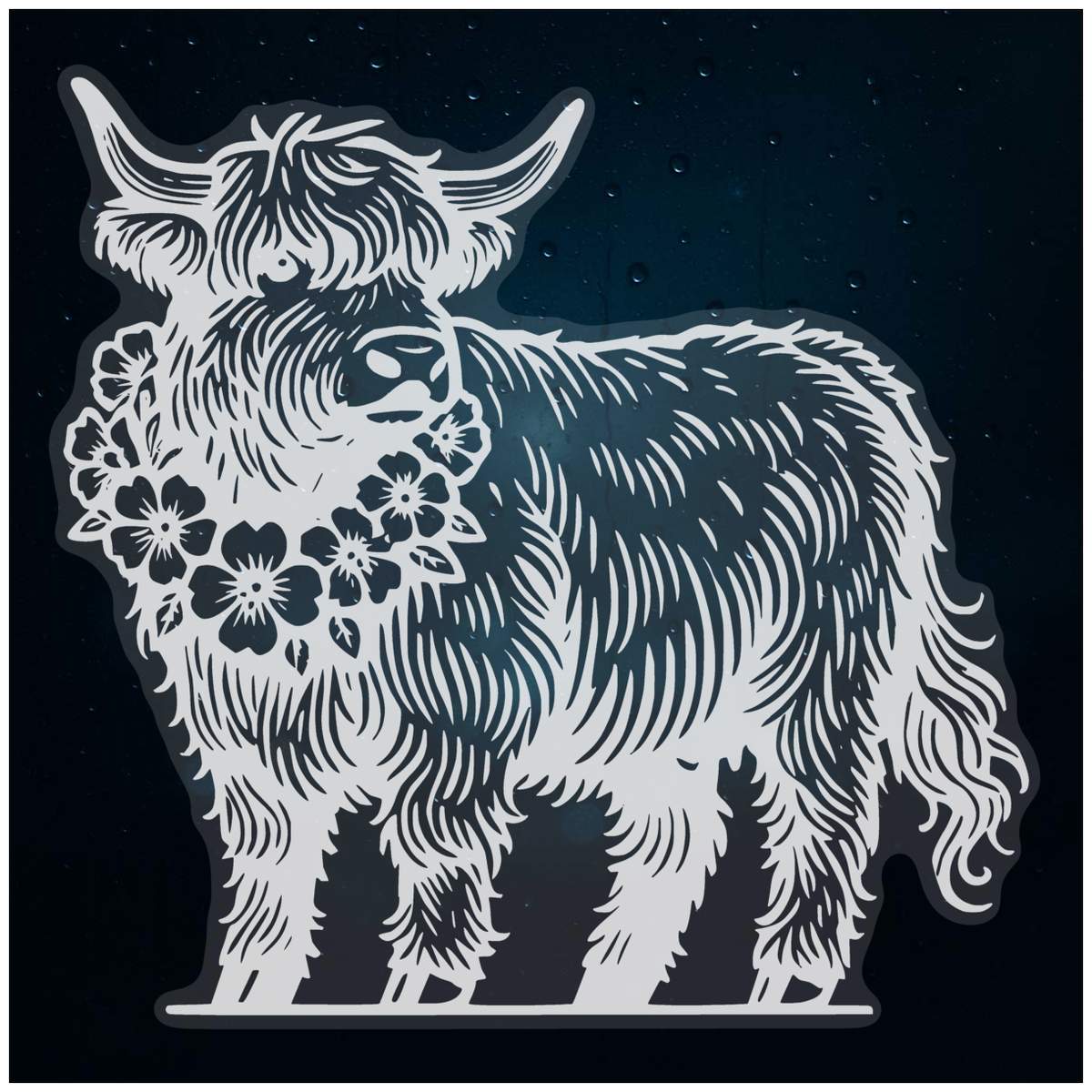 Large 460mm 'Highland Cow With Flower Garland' Clear Static Window Cling Sticker / Decal (White) (WC00120314)