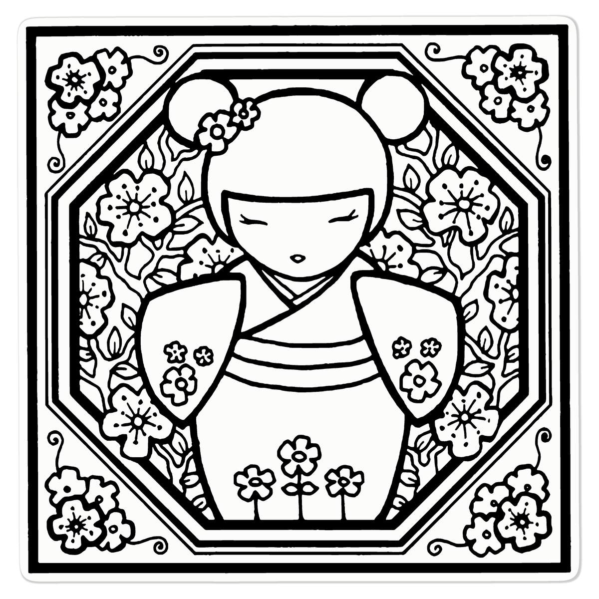 Medium 210mm 'Japanese Doll Motif' Clear Static Window Cling Sticker / Decal (Black) (WC00011405)
