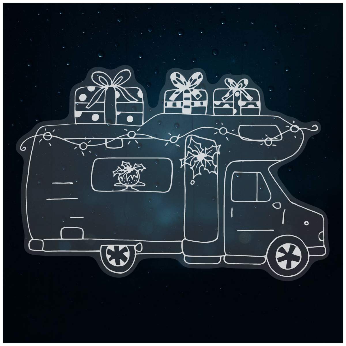 'Christmas Motorhome' Static Window Cling - White, 21cm - Reusable Removable Static Cling Decal for Mirrors, Glass Doors and Cars (WC00049286)