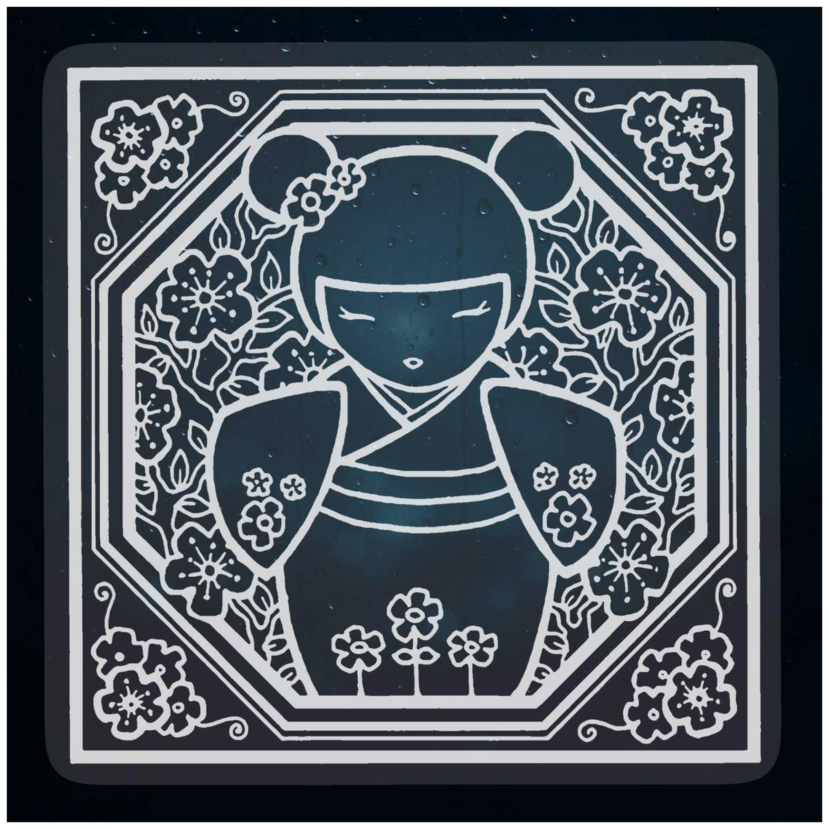 Small 100mm 'Japanese Doll Motif' Clear Static Window Cling Sticker / Decal (White) (WC00011401)