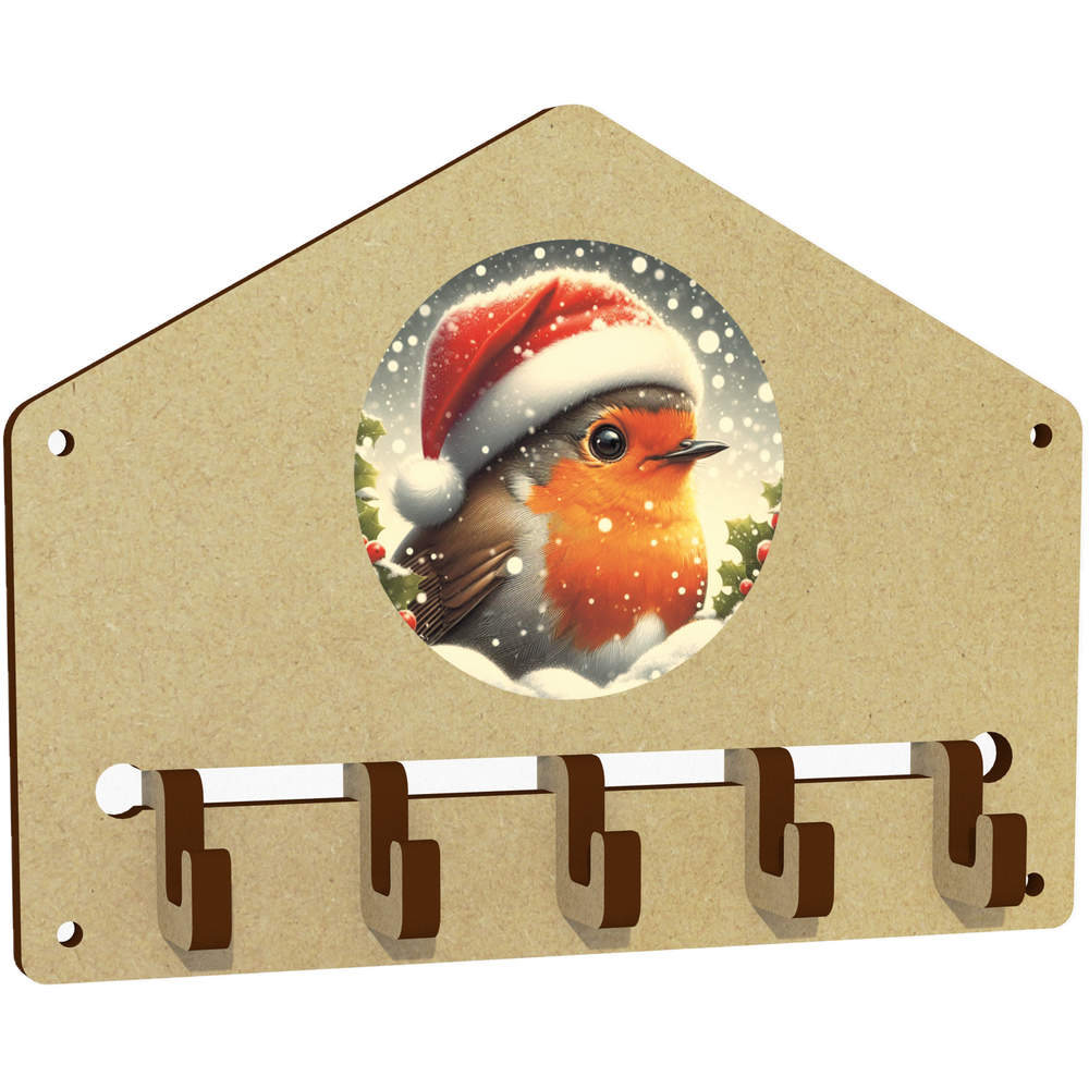 'Robin Wearing Santa Hat' Wall Mounted Key Hooks / Holder (WH00097085)