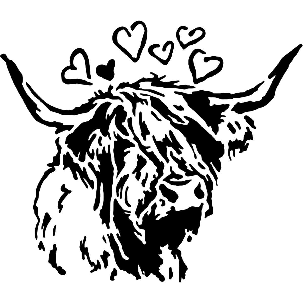 'Highland Cow with Hearts' Reusable Stencil – Durable Decorative Template for Painting and Spraying on Walls, Tiles, Wood, Fabric & Craft Projects - XXL (A2) (WS00081688)