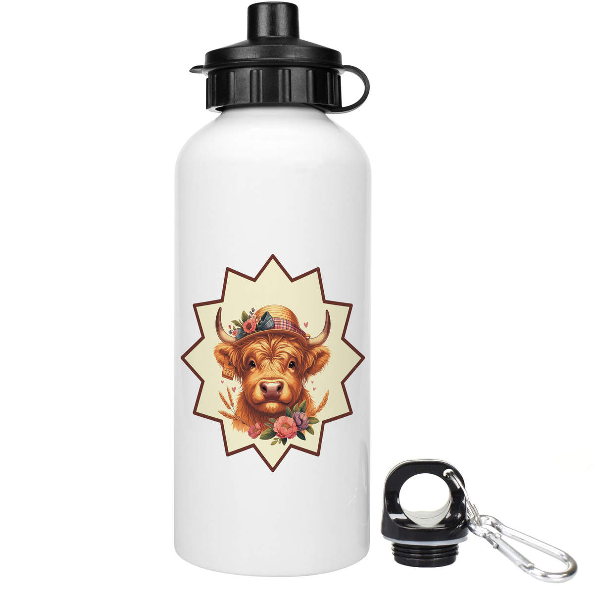 'Cute Highland Cow With Flowers' Reusable Water Bottles (WT054817)
