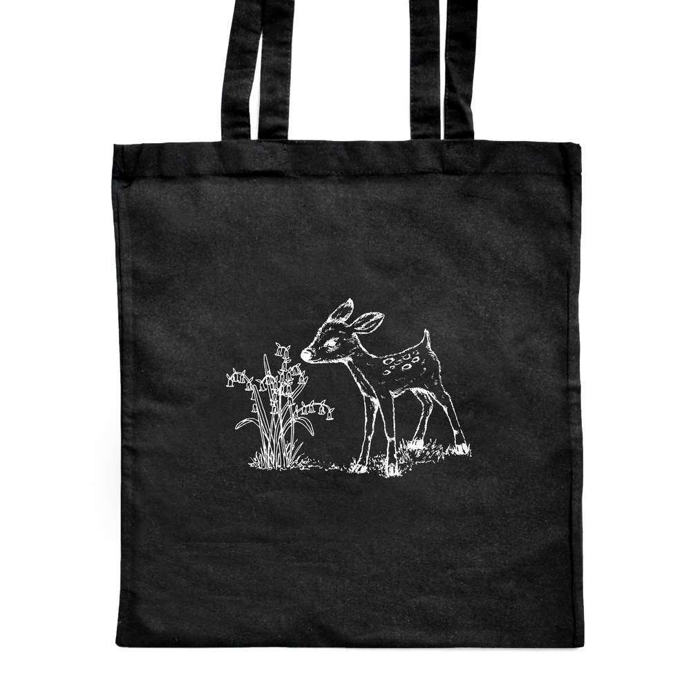 'Fawn With Bluebells' Classic Black Tote Shopper Bag (ZB00001872)
