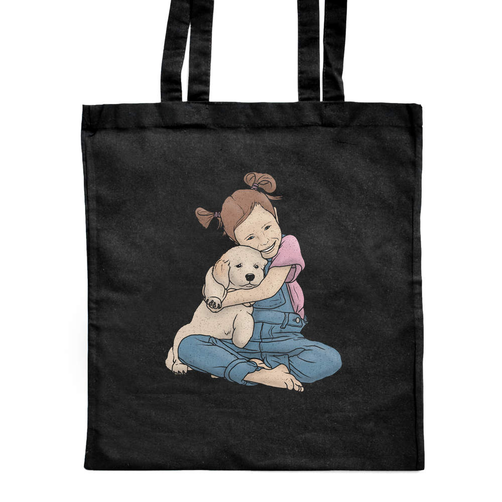 'Girl Hugging Puppy' Classic Black Tote Shopper Bag (ZB00018295)