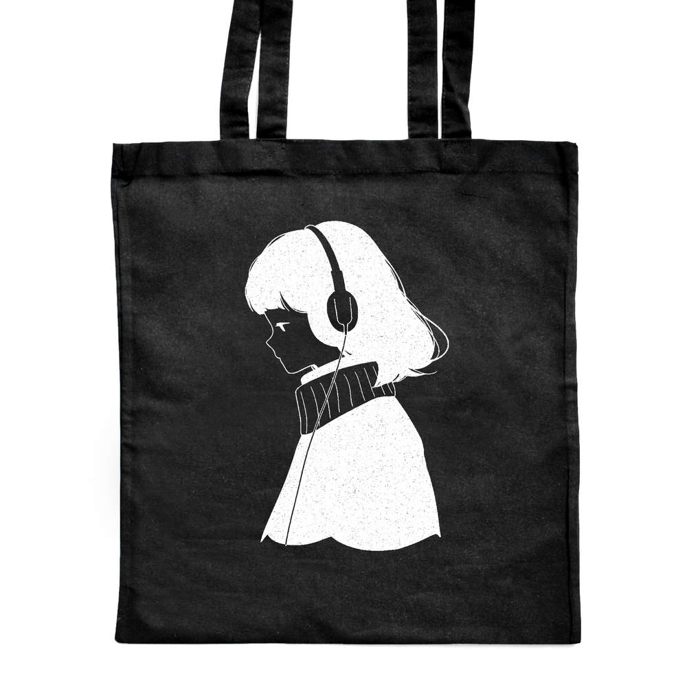 'Girl with Headphones' Classic Black Tote Shopper Bag (ZB00022218)