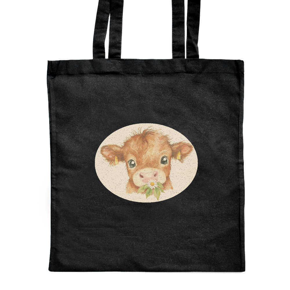 'Baby Highland Cow Eating Flower' Classic Black Tote Shopper Bag (ZB00025439)