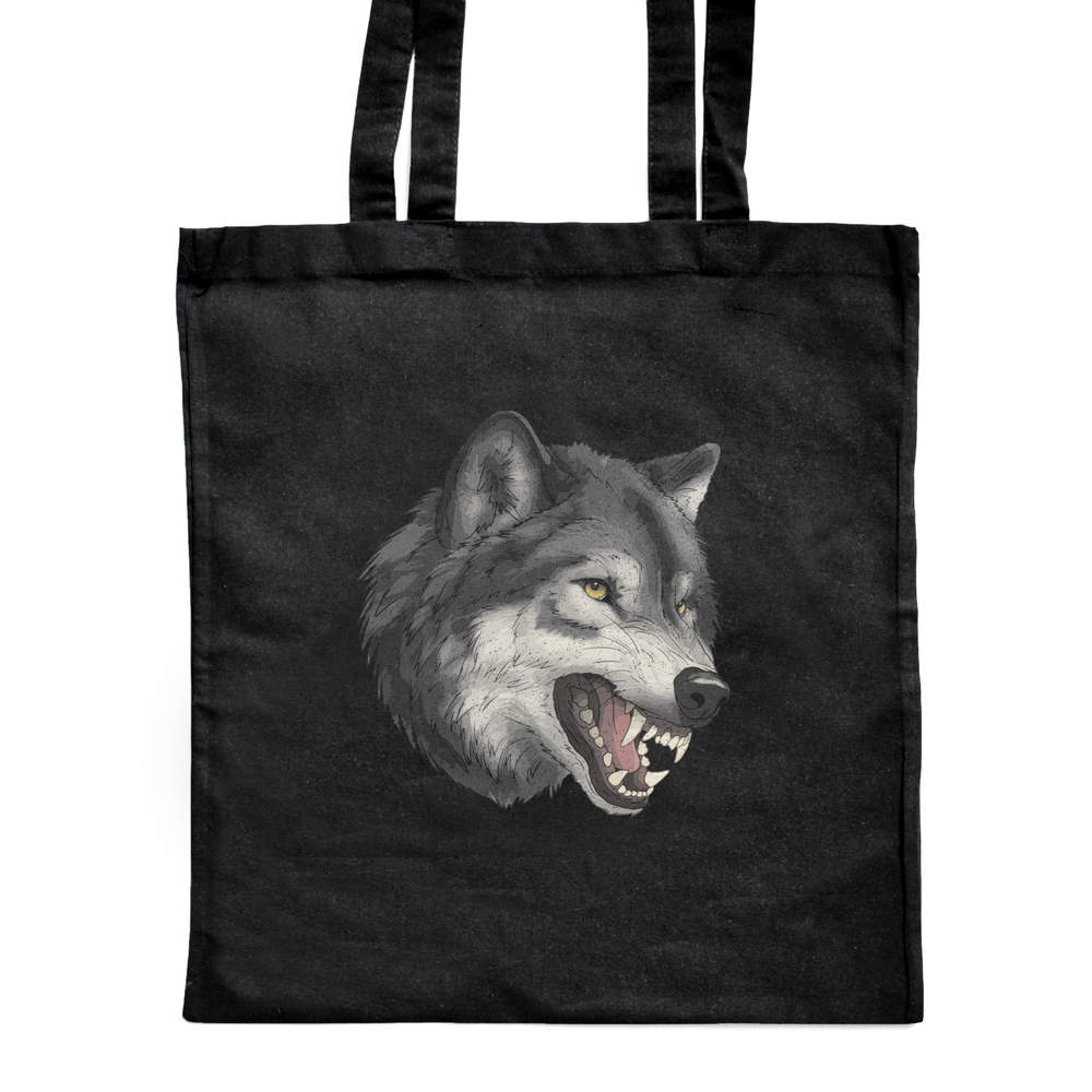 'Snarling Wolf Head' Classic Black Tote Shopper Bag (ZB00025493)