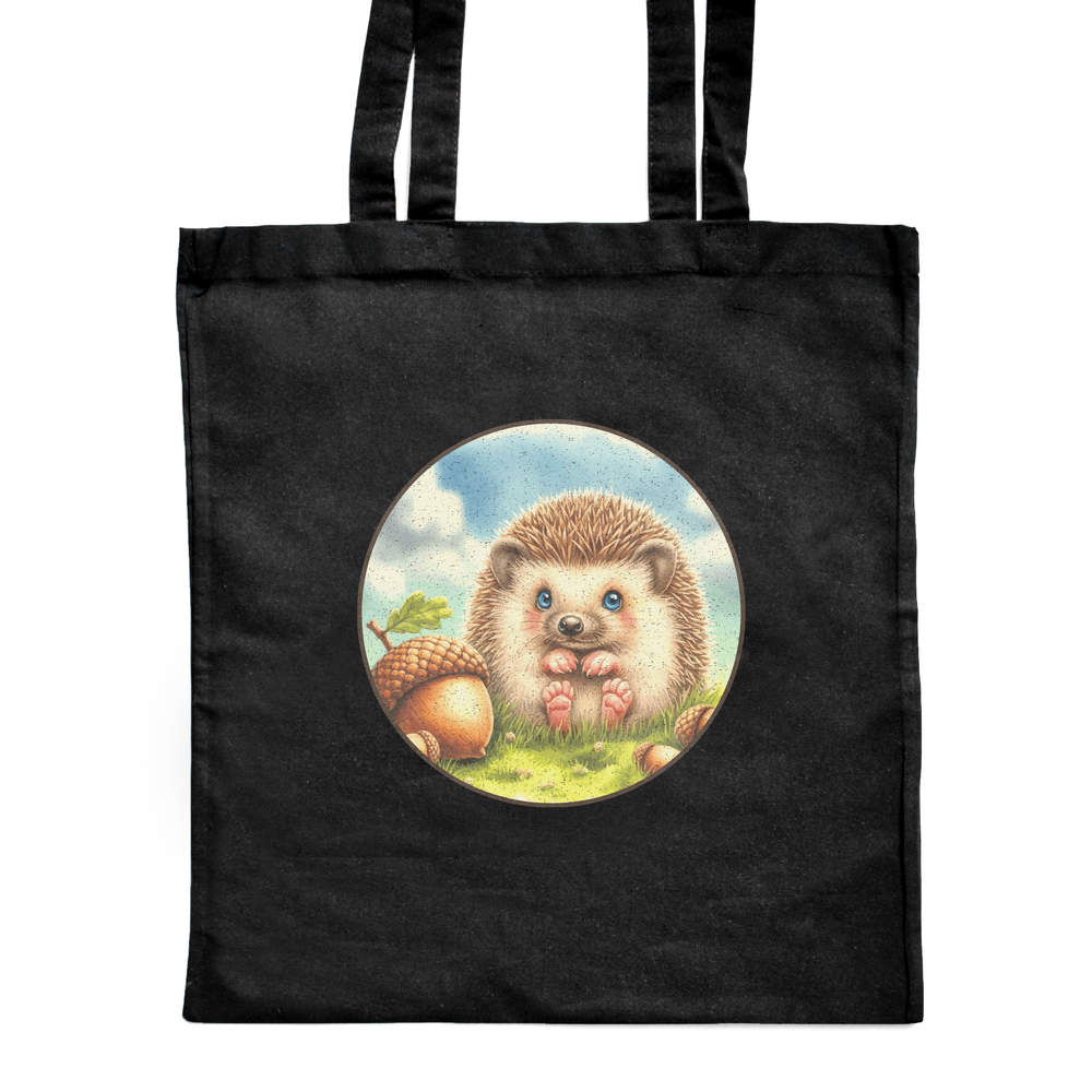'Baby Hedgehog With Acorns' Classic Black Tote Shopper Bag (ZB00026574)