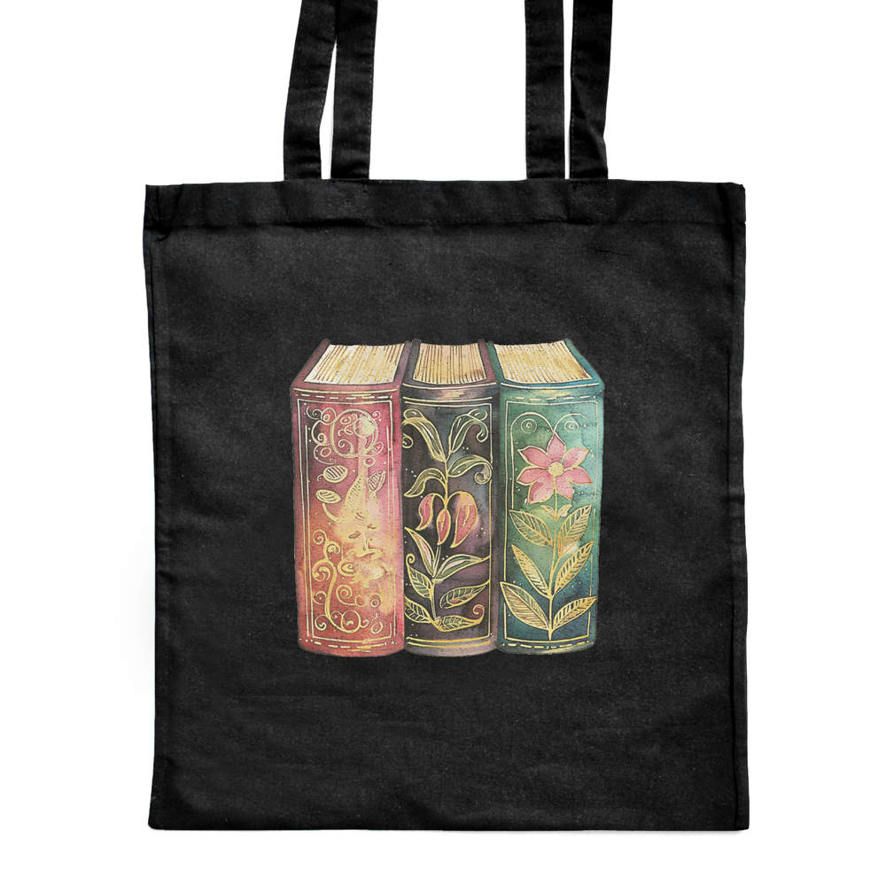 'Vintage Floral Books' Classic Black Tote Shopper Bag (ZB00027076)