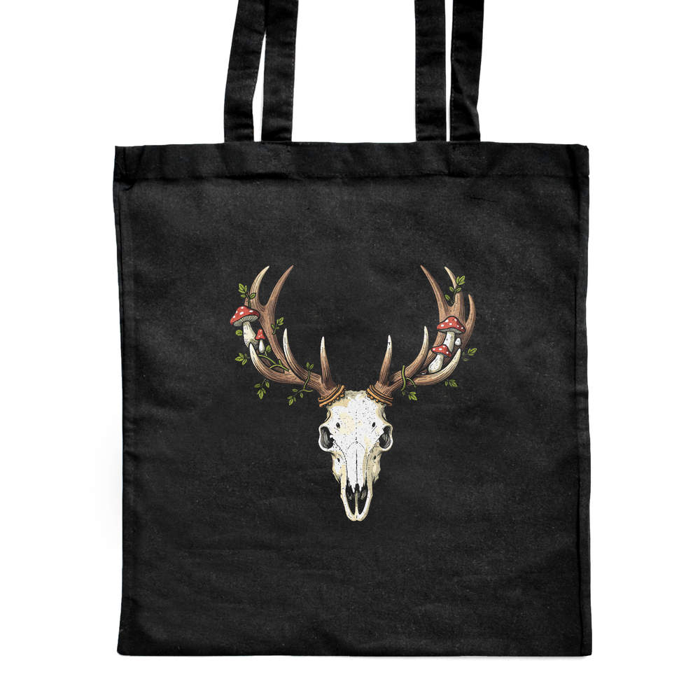 'Deer Skull & Mushrooms' Reusable Shopping Tote Bag - Black - Reusable Shoulder Bag for Groceries, Work, Books and Travel (ZB00031050)